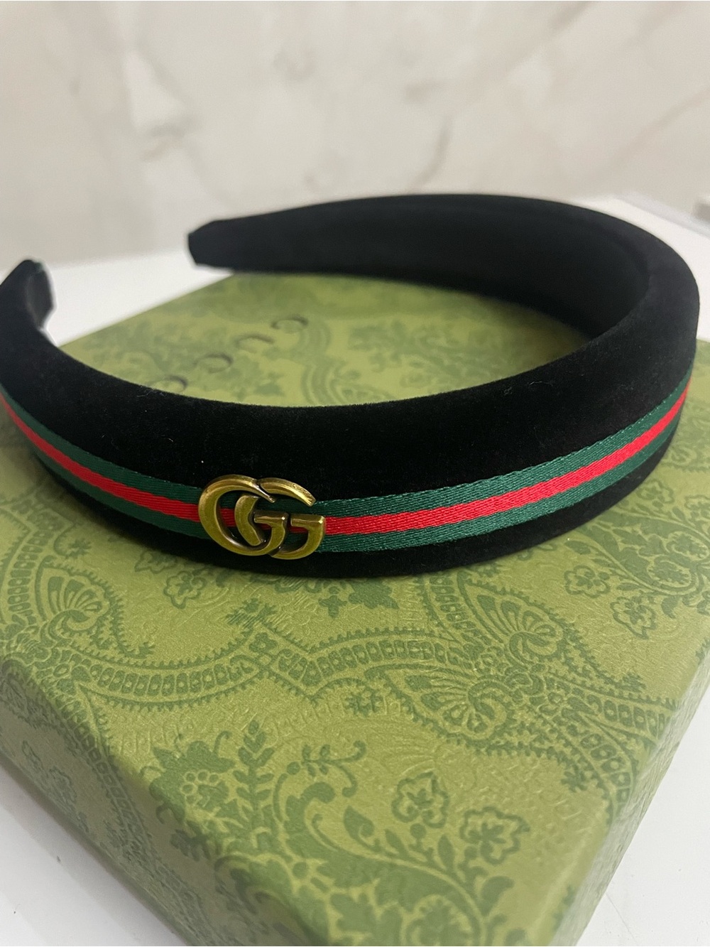 Black Velvet Headband with Green and Red Stripe and Gold Accent